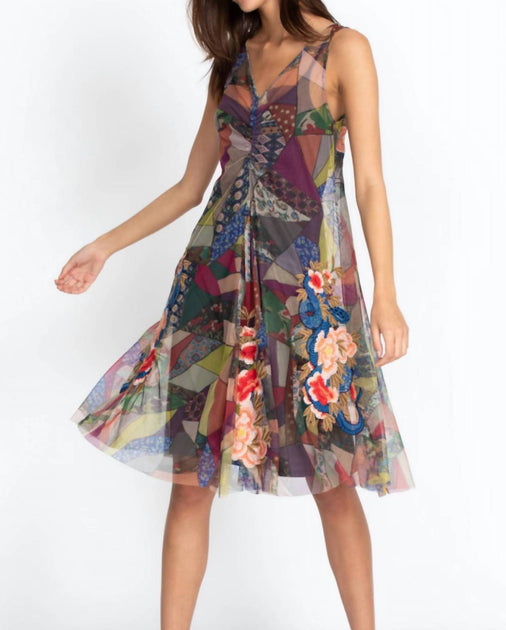 knee length dresses for ladies Johnny Was Cassia Mesh Dress In Multi