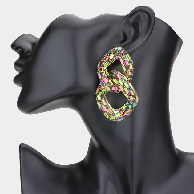 FASHNZFAB Stone Embellished Link Evening Earrings Multicolor 5