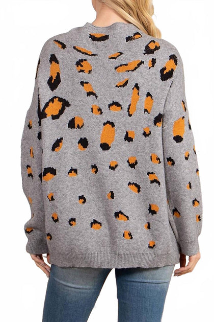 CY Fashion Turtle Neckline Leopard Pull Gris Small 3