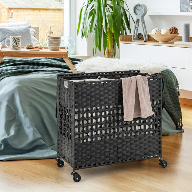 Panier à linge Hivvago 110L 2 Compartiments en Rotin PE Marron 5