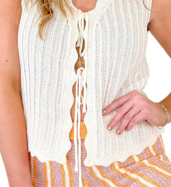 SHE + SKY Sweet Dreams Scallop Front Tie Sweater Vest Beige Large 3