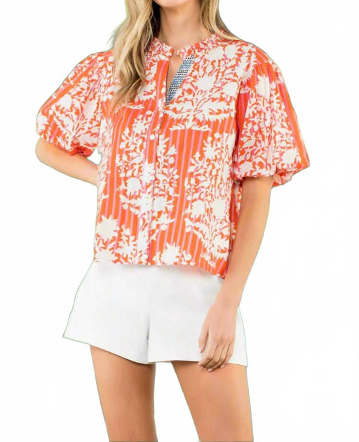 THML Botanical Stripe Puff Sleeve Blouse Orange Medium 4