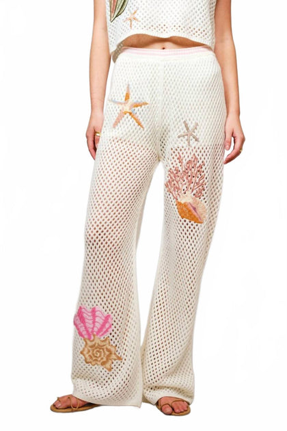 Blue B Seashell Embroidered Pants Beige Medium 2