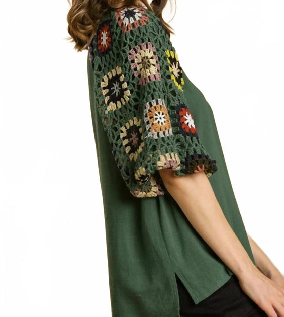 umgee Crochet Sleeve Top Green 1X 3