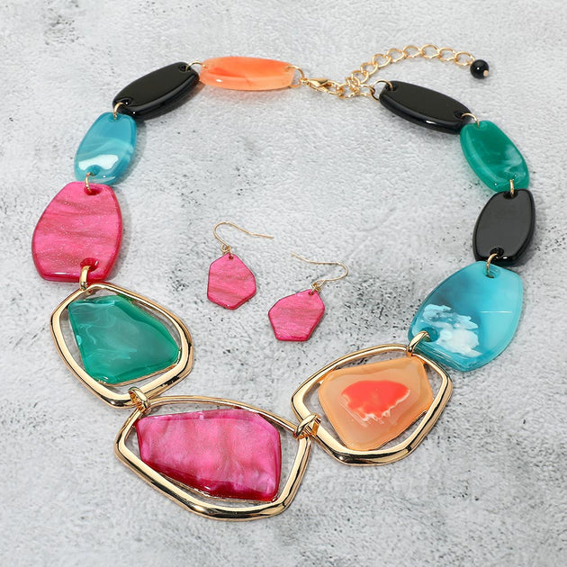 FASHNZFAB Geometric Link Statement Necklace Orange 3