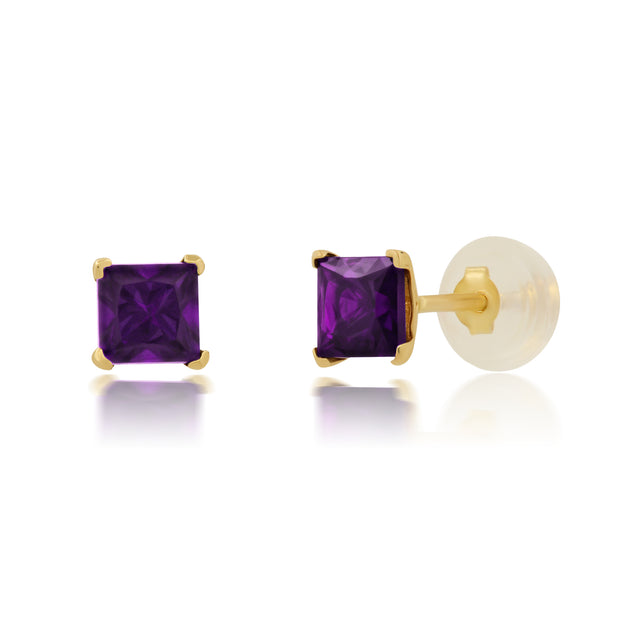 MaxColor 14k Yellow Gold Square Princess Cut 4mm Gemstone Stud Earrings Blue 6