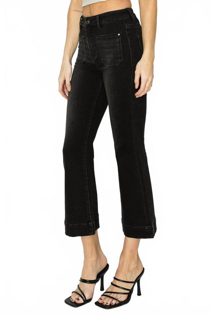 RISEN High Rise Crop Flare Patch Pocket Jeans Black 1XL 3