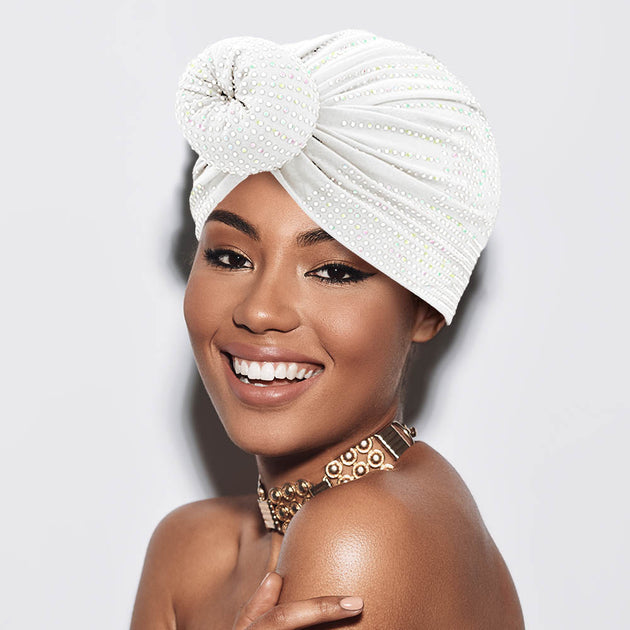 FASHNZFAB Bling Studded Turban Hat White 4