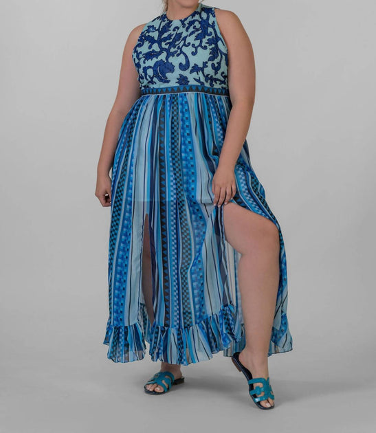 Just Bellina Checkered Stripe Waves Maxi Dress Blue 2X 2