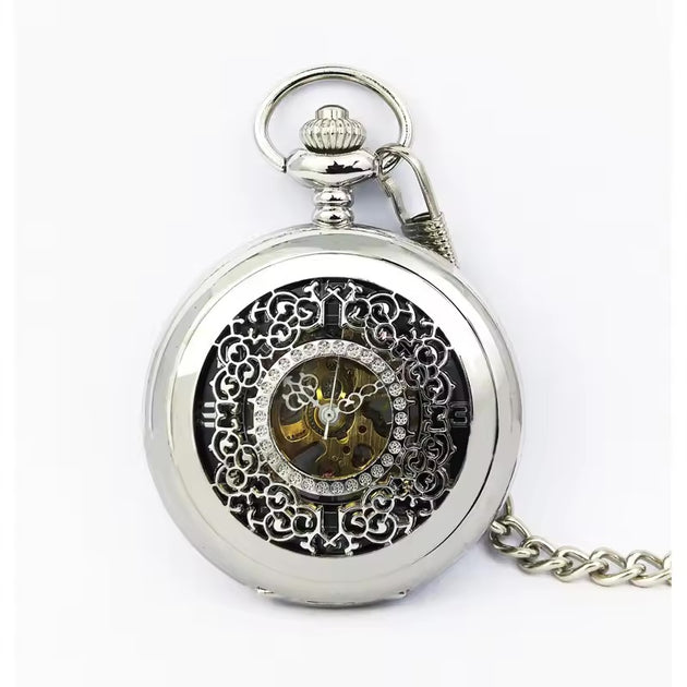 Infinity Antique Brass Silver Alloy Skeleton Half Hunter Pocket Watch Black 2