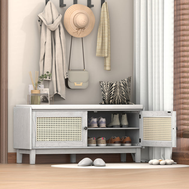 Streamdale Boho Rattan Entryway Bench Gray Wash 3