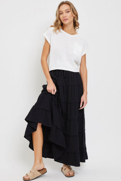 TRUEDAMES Cotton Gauze Tiered Maxi Skirt Blue Large 4