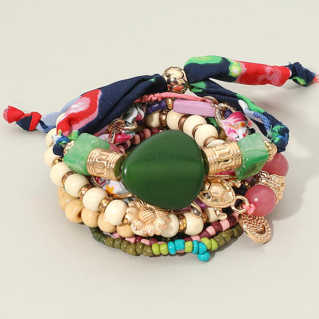 FASHNZFAB 10PCS Boho Flower Turtle Charm Wood Beaded Bracelet Multi Green One Size 2