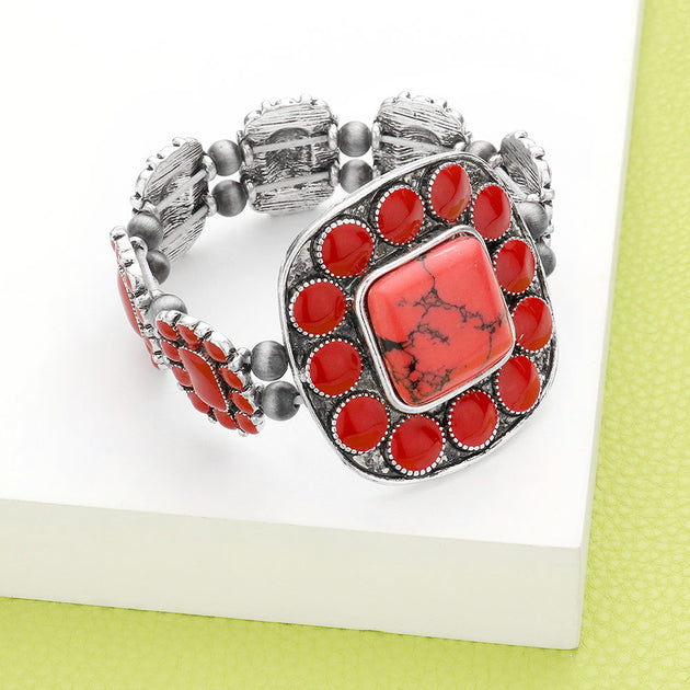 FASHNZFAB Squash Blossom Natural Stone Stretch Bracelet Red Silver 3