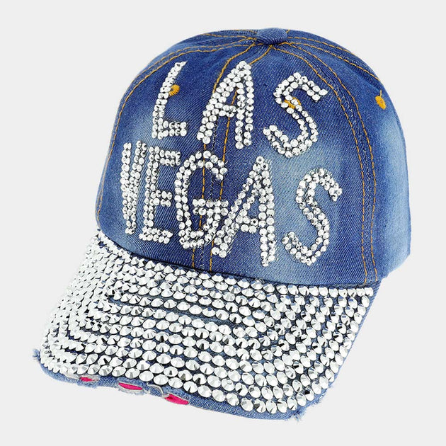 FASHNZFAB Studded Las Vegas Message Denim Baseball Cap Black 4