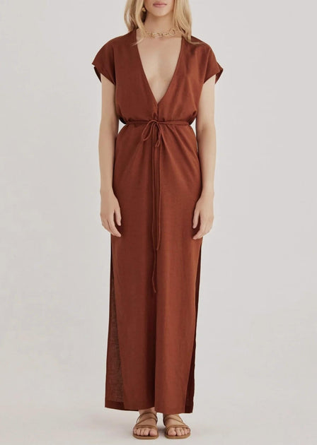 RUMER Roam Kaftan Dress Brown Medium 2