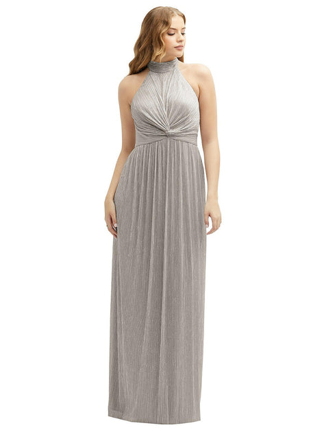 After Six 6884 Dramatic Ruffle Edge One-shoulder Metallic Pleated Maxi Dress