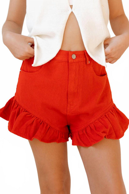 day + moon Alex Ruffle Denim Shorts Red Small 2