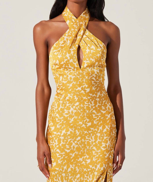 ASTR Marissa Floral Halter Neck Dress In Marigold Floral | ShopSimon