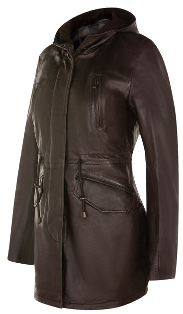 Infinity Womens Leather Hooded Parka Jacket Brown Small 3