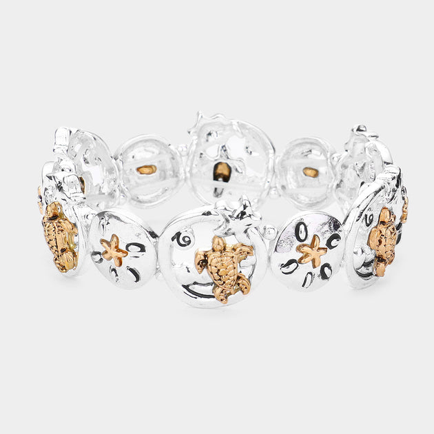 FASHNZFAB Sand Dollar Turtle Stretch Bracelet Silver One Size 2
