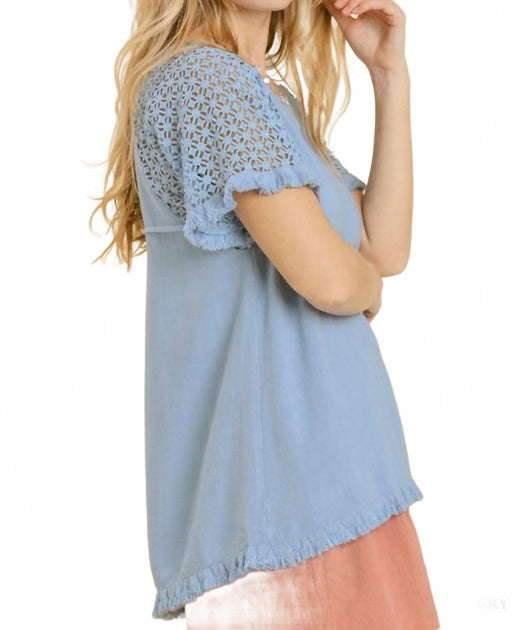 Umgee Crochet Detail Fringe Top Blue 2X 3