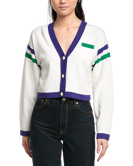 St. John Two Stripe Cropped V-Neck Wool-Blend Cardigan White Large 2
