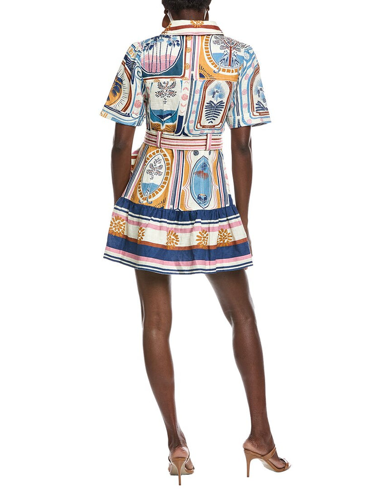 farm rio cerrado short-sleeve belted linen mini dress Cream Cerrado Stamps Short Sleeve Mini Dress  FARM Rio