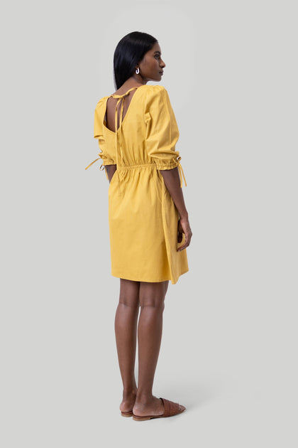 Reistor Gathered Elbow Sleeve Dress Yellow Large 3