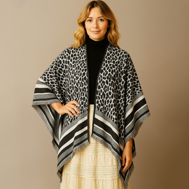 TRUEDAMES Ruana Poncho Imprimé Léopard Noir Taille Unique 4