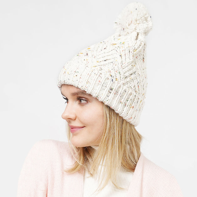 FASHNZFAB Confetti Knit Pom Pom Beanie Hat Beige One Size 3