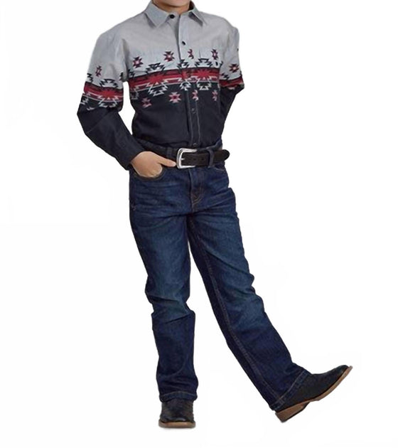 Roper Boy's Long Sleeve Ombre Aztec Snap Shirt Blue Small 4