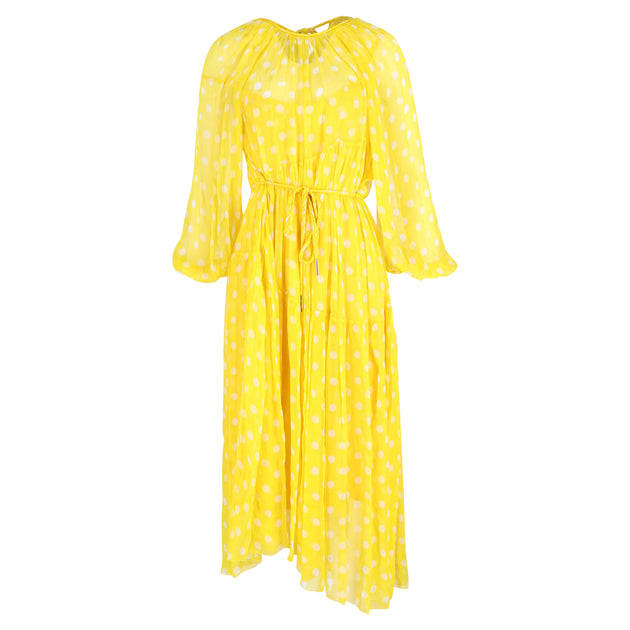 zimmermann brightside wrap midi dress Zimmermann Brightside Swing Asymmetric Polka-dot Midi Dress In Yellow  Silk-georgette