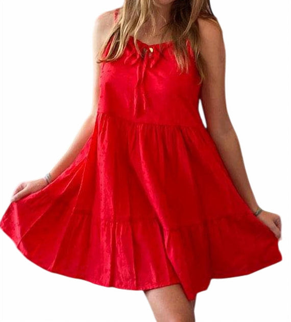 Self Contrast Embroidered Dress Red Small 3