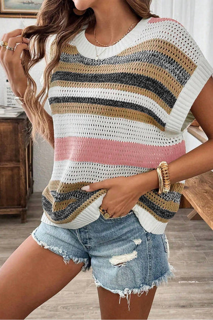 Shewin Striped Sleeveless Sweater Multi Large 4