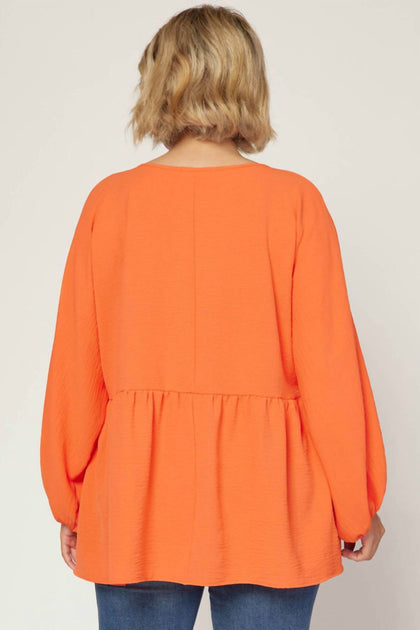 Entro Texturiertes Langarm Babydoll Oberteil - Orange 2X 4
