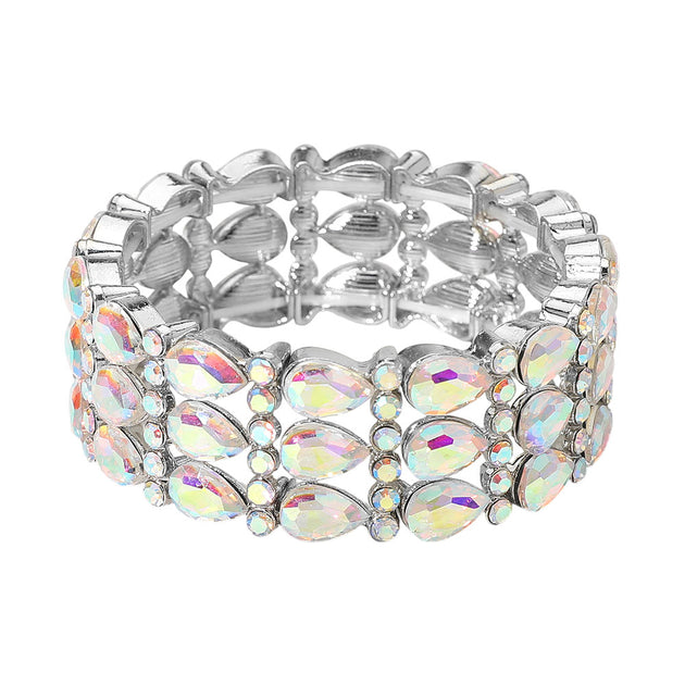 FASHNZFAB Three-row Teardrop Gem Beaded Stretch Bracelet Silver One Size 3