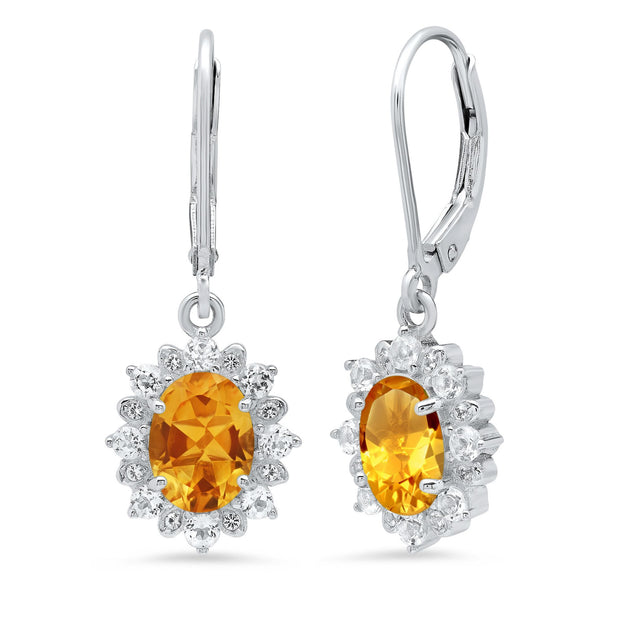 MaxColor Sterling Silver Halo Sunburst Oval Gemstone Leverback Earrings Blue 3