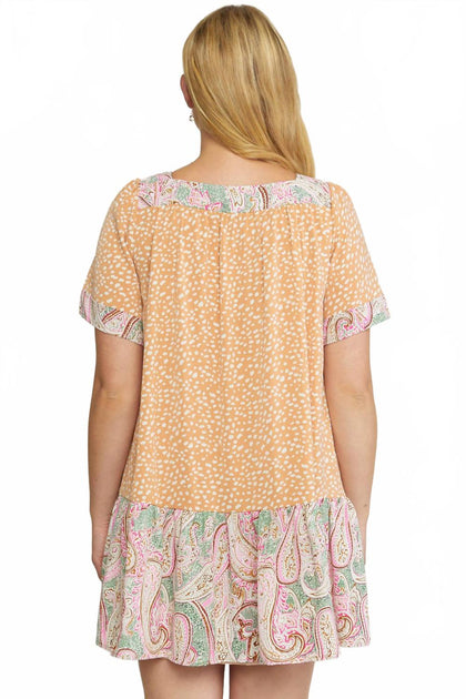 Entro Mixed Print Square Neck Dress Orange Plus Size 1X 4