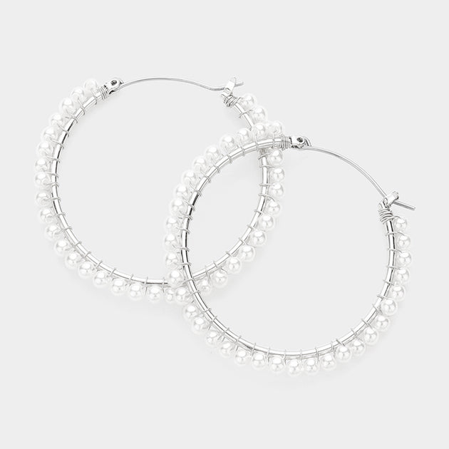 FASHNZFAB Pearl Hoop Pin Catch Earrings Silver 2