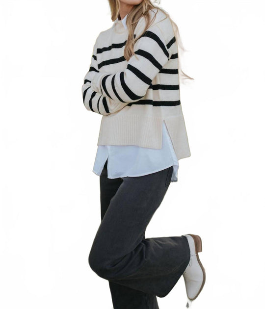 LA MIEL Striped Mock Neck Sweater White Small 3