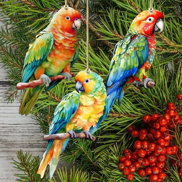 G. Debrekht Parrots Wooden Christmas Ornaments Set of 3 4