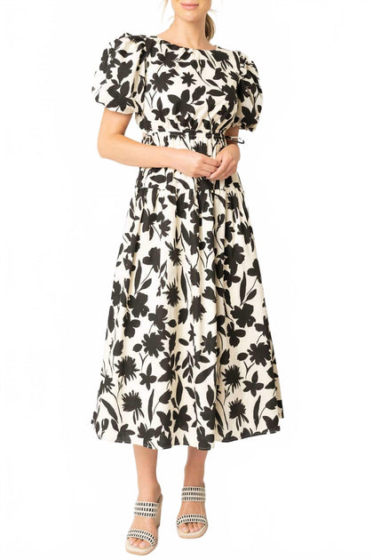 Moon River Floral Print Cut Out Shirred Midi Dress White Large 2