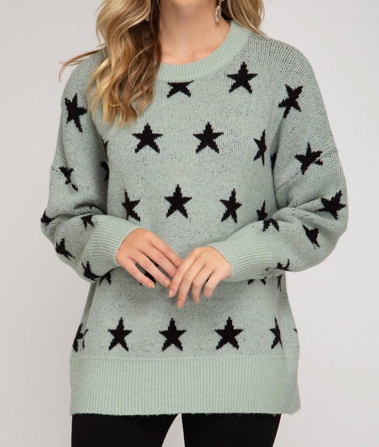 SHE + SKY Sternenprint Schiefer Tunika Pullover Grün Groß 2