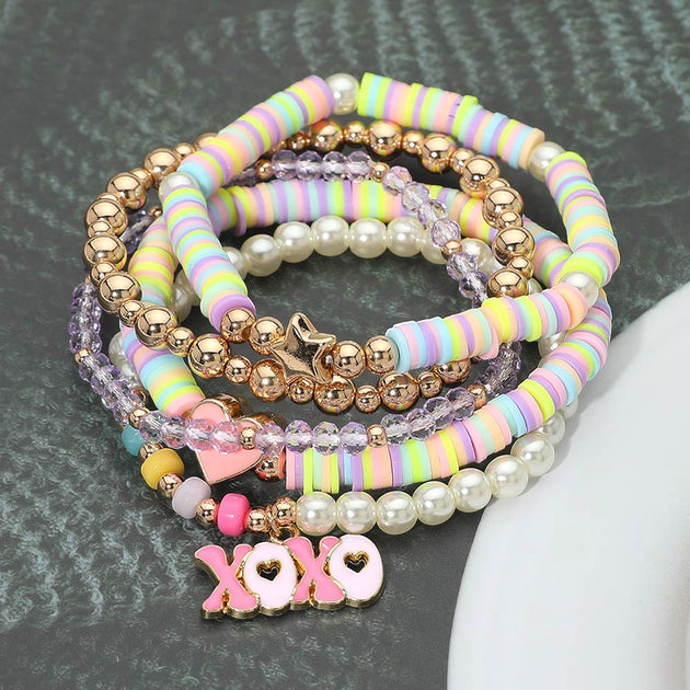FASHNZFAB XOXO Charm Heart Pearl Beaded Stretch Bracelet Set Purple One Size 2