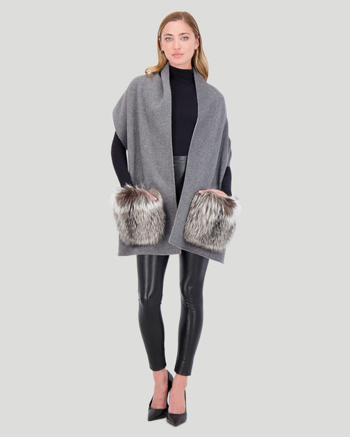 Gorski Wool Stole with Silver Fox Pockets Grey One Size 2