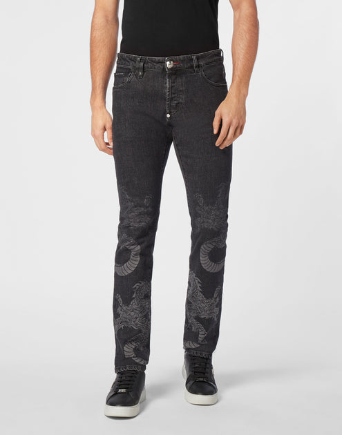 PHILIPP PLEIN Super Straight Cut Denim Trousers Dragon Shadow Multi 31 4