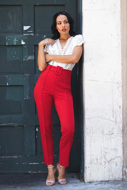 TRUEDAMES Ankle Tapered Buckle Belt Pants Red Small 3