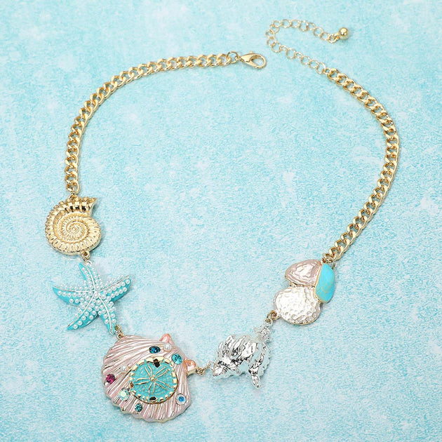 FASHNZFAB Pearl Studded Starfish Seashell Charm Link Statement Necklace Blue 3