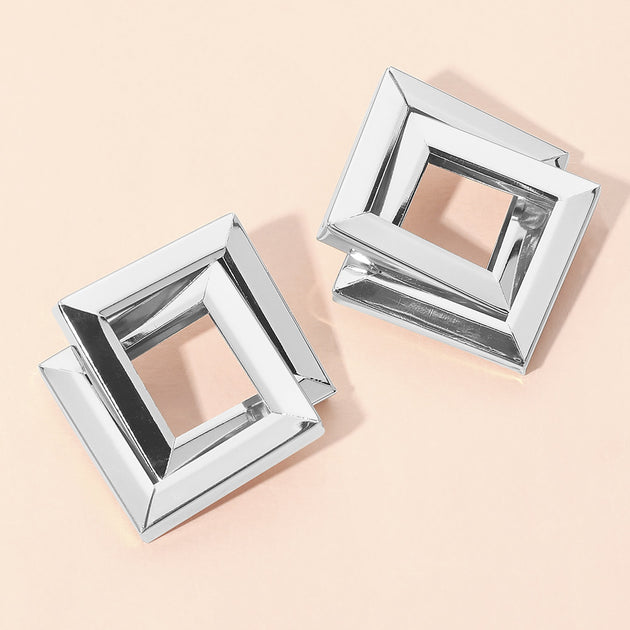 FASHNZFAB Sculpted Geometric Open Square Earrings Silver 4